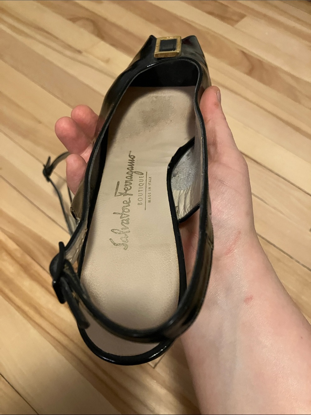 Salvatore Ferragamo Black Patent Slingback Peep-toe Pumps with Gold Buckle - Picture 12 of 15
